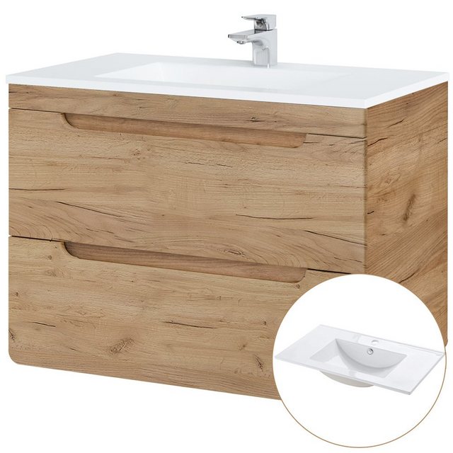 Bild von Lomadox Badmöbel Waschplatz Set Eiche, Keramik Waschtisch mit 81 cm Unterschrank, LED-Spiegelschrank, Hochschrank mit Wäschesammler