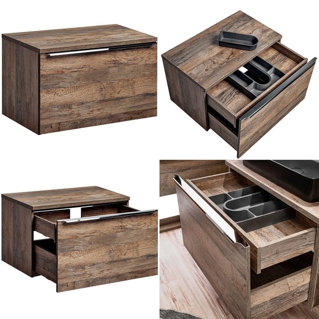 Bild von Badmöbel Komplett-Set in Vintage Oak Eiche PUEBLA-56 Doppel-Waschtisch mit 40cm Keramik-Waschbecken, 2 LED-Spiegelschränke & Hochschrank B/H/T 185/200/46 cm