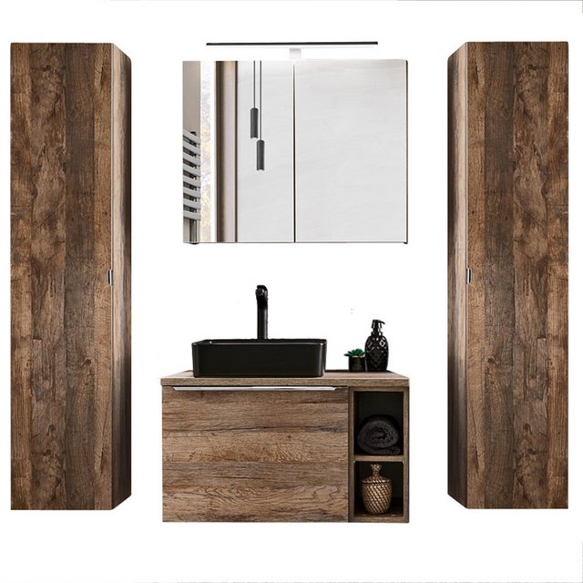 Bild von Badmöbel Set in Vintage Oak Eiche PUEBLA-56 80cm Waschtischunterschrank mit 2 Keramik-Waschbecken, LED-Spiegelschrank & 2 Hochschränke B/H/T 190/200/46 cm