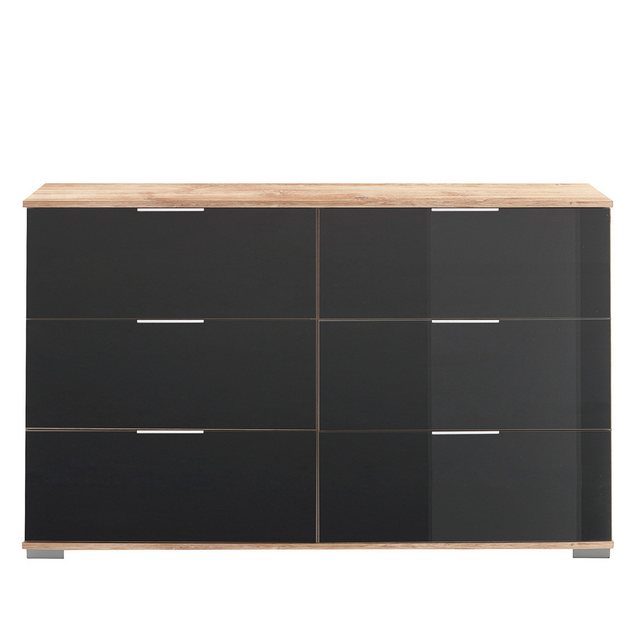 Bild von Schlafzimmer Kommode mit 6 Schubladen in Plankeneiche Nb. mit grauem Glas ELSTRA-43, B/H/T ca. 130/83/41 cm