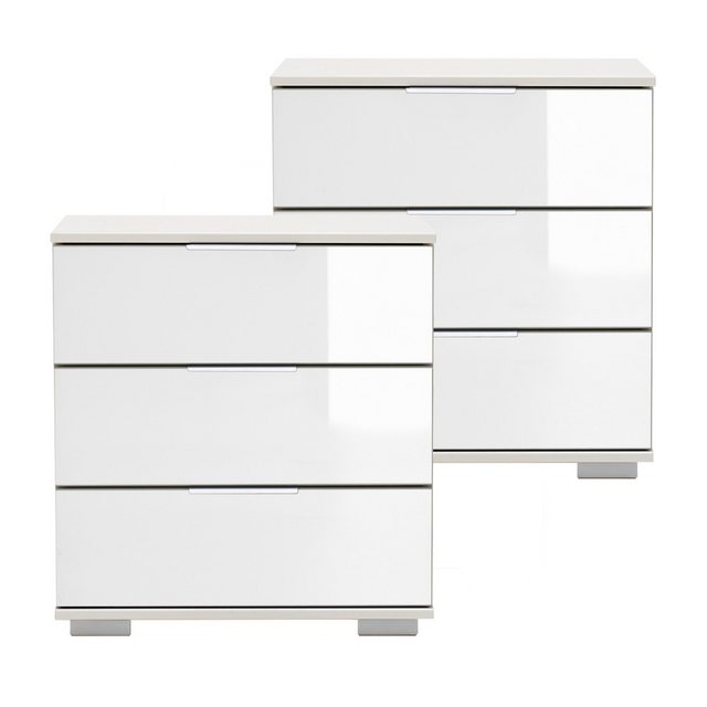 Bild von Schlafzimmer 2er Set Nachttisch Nachtschrank, auch für Boxspringbetten, in weiß mit weißem Glas ELSTRA-43, B/H/T ca. 52/58/38 cm