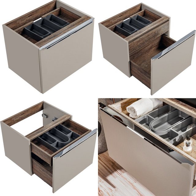 Bild von Lomadox Badmöbel-Set PUEBLA-56-TAUPE, (Spar-Set, 10-St), Badmöbel Set in taupe mit Vintage Oak Eiche B/H/T 230/200/46 cm
