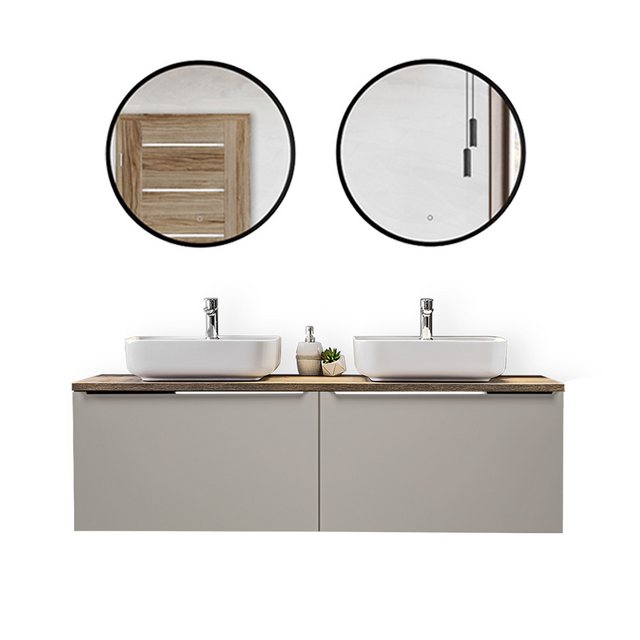 Bild von Lomadox Badmöbel-Set PUEBLA-56-TAUPE, (Spar-Set, 7-St), in taupe mit Vintage Oak Eiche 160,4/200/46 cm