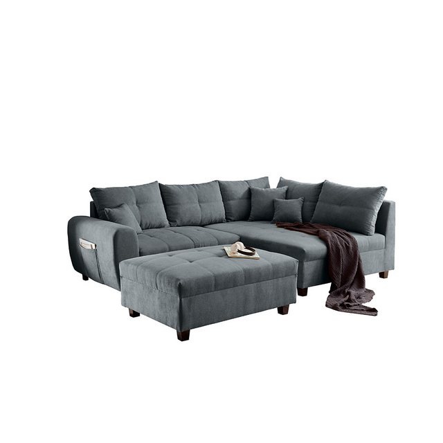Bild von Ecksofa mit Hocker und 8 Kissen in anthrazit, L-Form mit Recamiere rechts, Serie LEICESTER-09