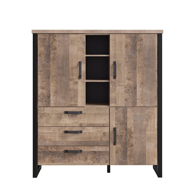Bild von Lomadox Highboard EMMEN-19, in Eiche Tabak Nb. mit schwarz, B/H/T: ca. 138/155/45 cm