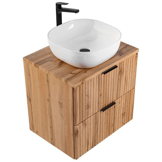 Bild von Badmöbel Waschtisch Set Unterschrank Wotaneiche gerillt, 42cm Keramik-Waschbecken, 2 Softclose-Schubkästen, B/H/T 60,6/73,7/46,5 cm