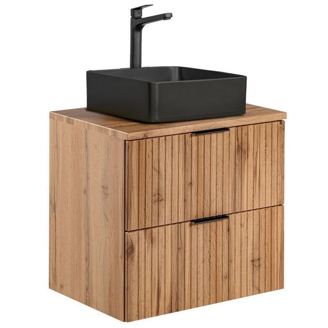 Bild von Lomadox Badmöbel-Set ADELAIDE-56, (Spar-Set, 4-St), Eiche Rillenoptik Spiegel Waschbeckenschrank Waschbecken Hochschränke