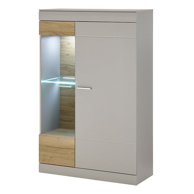Bild von Moderne Vitrine mit Beleuchtung SINAIA-61 in grau matt mit Zinn Eiche Nb., B/H/T ca. 90/139/35 cm