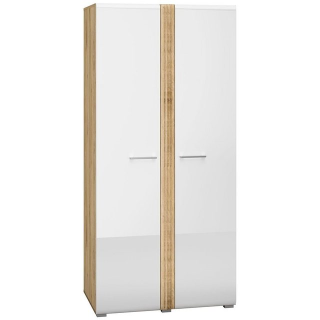 Bild von Kleiderschrank Garderobenschrank mit 2 Kleiderstangen AKRON-131 Castello Eiche Nb. mit Fronten in weiß Hochglanz, B/H/T: ca. 92/196/56 cm