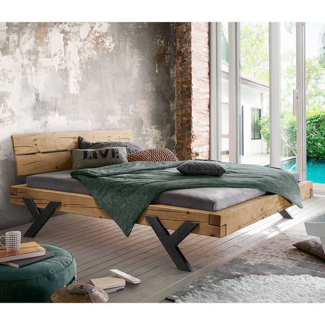 Bild von Massivholz Doppelbett, 180x200 cm, Fichte massiv, Holzkopfteil, schwarze Beine in Y-Form, UPPSALA-137, B/H/T ca. 198/88/228 cm