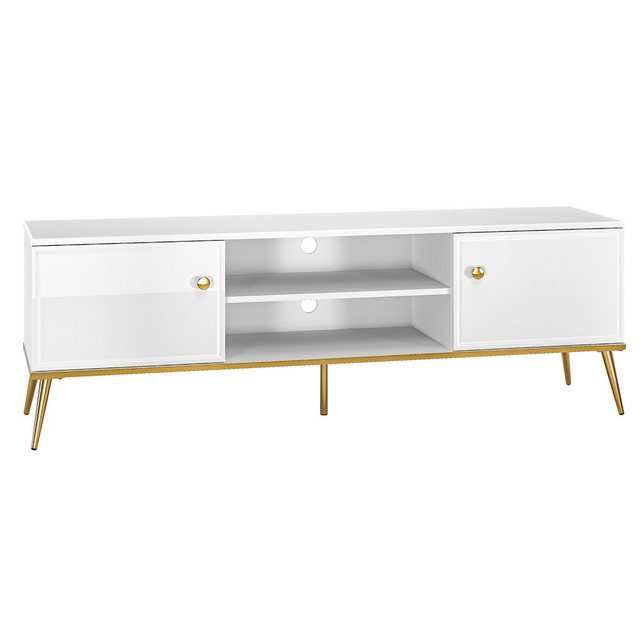 Bild von TV Lowboard weiß Hochglanz GUBIN-131 Fernsehschrank mit goldfarbenen Griffen und Füßen, B/H/T: ca. 160/54/40 cm