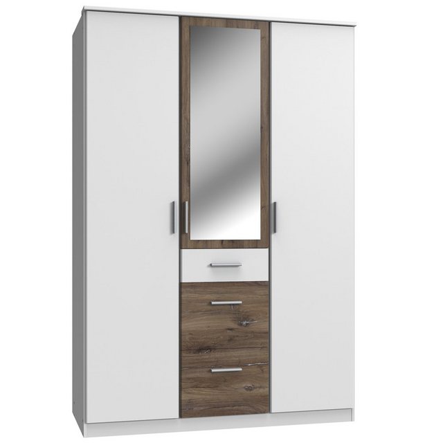 Bild von Lomadox Kleiderschrank JOHANNESBURG-43 in weiß mit Eiche Nb., 3 Schubkästen, B/H/T: ca. 135/199/58 cm