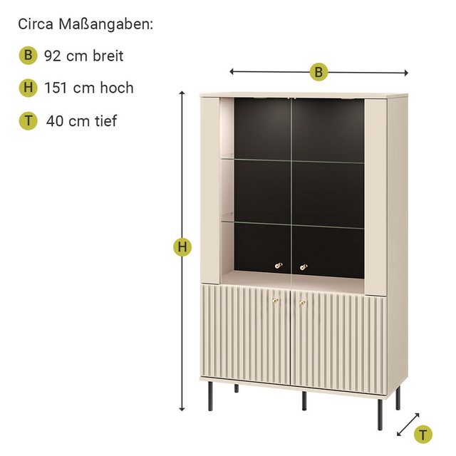 Bild von Lomadox Vitrine SALOU-131 in kaschmir matt mit Rillenoptik und Softclose, B/H/T ca. 92/151/40cm