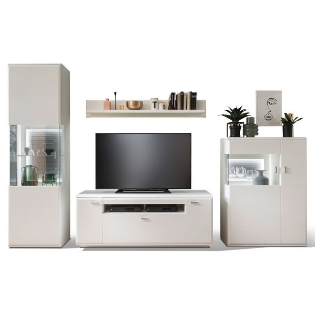 Bild von Lomadox Wohnwand ALIA-05, (4-St), weiß matt, Fernsehwand montiert, Lowboard, Highboard, Vitrine, LED