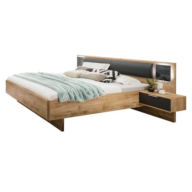 Bild von Doppelbett 160cm mit Nachtschränken, Beleuchtung und Polsterkopfteil, graphit und Eiche, VIESTE-43