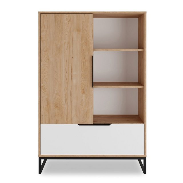 Bild von Lomadox Highboard LUZZI-132, Hickory Eiche Nb. mit weiß, 1 Schubkasten, 1 Tür, 3 offenen Fächern
