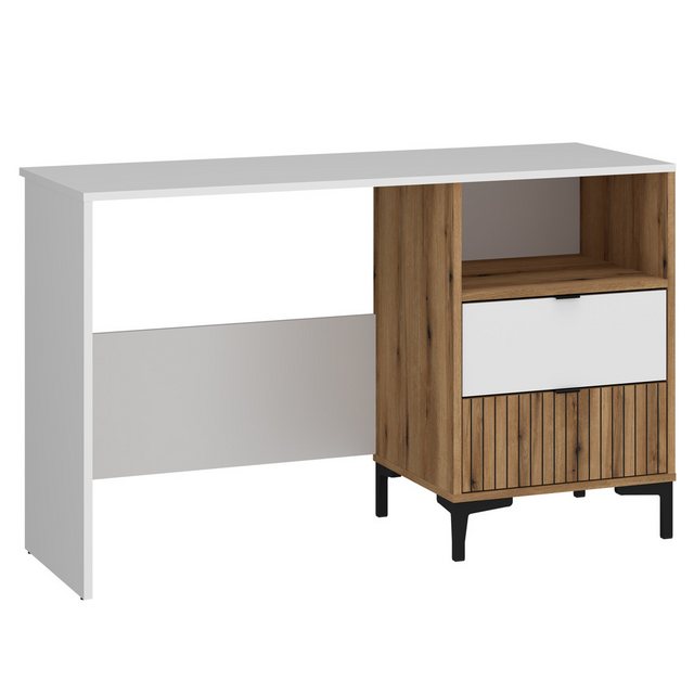Bild von Lomadox Schreibtisch RISBY-129, weiß mit Eiche in Rillenoptik 120 cm breit Arbeitsplatz Tisch Kinder