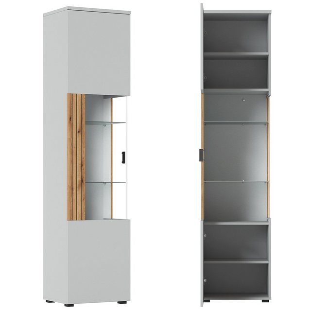 Bild von Wohnwand Wohnmöbel Set grau mit Eiche 4-teilig modern, 1 Lowboard, 1 Wandboard, 1 Vitrine, 1 Highboard inkl. Beleuchtung