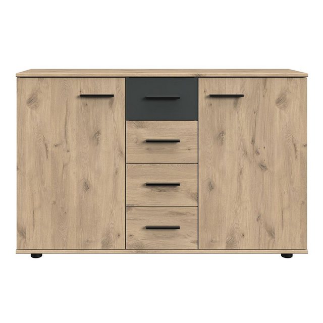 Bild von Lomadox Kommode BRADFORD-43, 130 cm, 2 Türen, 4 Schubladen in Eiche mit Graphit