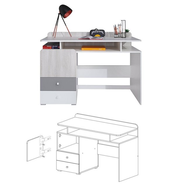 Bild von Lomadox Jugendzimmer-Set COLLINS-133, (Sparset, 6-tlg), weiß, Eiche hell, grau Liegefläche 90x200cm 2 Bettschubladen