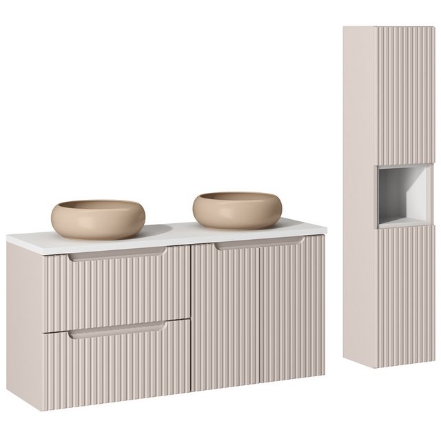 Bild von Lomadox Badmöbel-Set NEWPORT-56-CASHMERE, (Spar-Set, 2-St., Doppelwaschtisch Keramik-Aufsatzbecken Hochschrank Regaleinsatz), mit 120cm Doppelwaschtisch, Keramikwaschbecken, kaschmir mit weiß