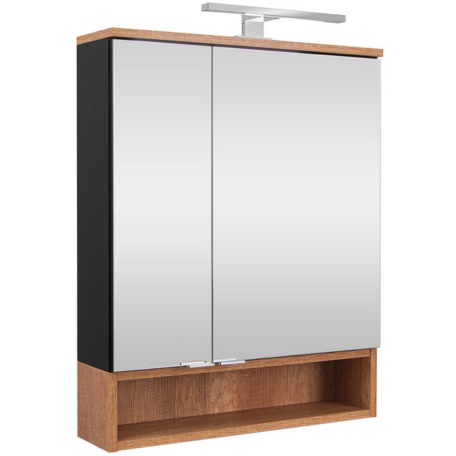 Bild von Lomadox Badmöbel-Set NERVI-147, (Spar-Set, 2-St., Waschtisch Spiegelschrank), schwarz matt Eiche inkl. Beleuchtung, Waschbecken