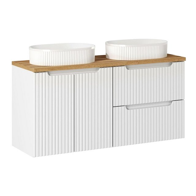 Bild von Lomadox Doppelwaschtisch NEWPORT-56-WHITE, 120cm breit mit Aufsatzwaschbecken, weiß mit Eiche, gerillte Front