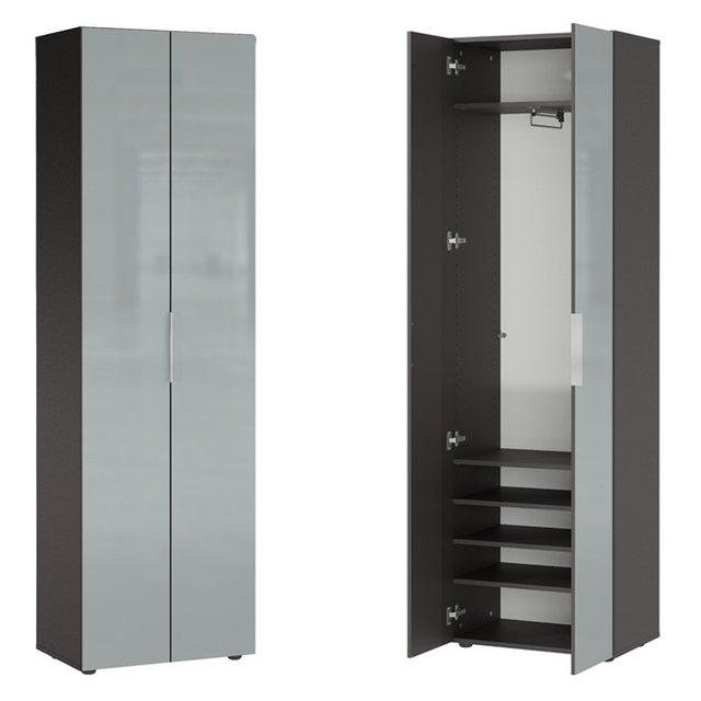 Bild von Lomadox Garderoben-Set GENEVA-01, (Spar-Set, 5-St., Schuhschrank Spiegel Garderobenpaneel Schuhbank Garderobenschrank), graphit mit Glasfronten grau Schuhfächer Kleiderstangen Hutablage