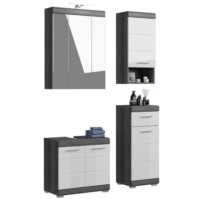 Bild von Lomadox Badmöbel-Set SIROCO-158, (Spar-Set, 4-St., Waschbeckenunterschrank Spiegelschrank Hängeschrank Kommode), Badezimmerschrank Komplett Set Badezimmer modern in weiß mit grau
