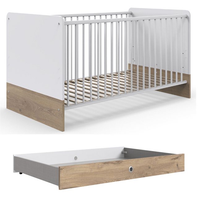 Bild von Lomadox Babyzimmer-Komplettset FELIN-43, (2-tlg., Gitterbett inkl. Bettschubkasten), weiß Eiche Oak Design skandinavisch Bettschublade 70x140cm Liegefläche