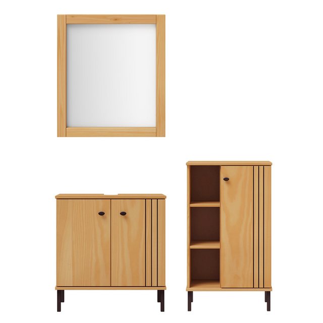 Bild von Lomadox Badmöbel-Set WILLOW-69, (Spar-Set, 3-St., Waschbeckenunterschrank Spiegel Badkommode), Kiefer massiv Massivholz eichefarbig lackiert Rillen-Design