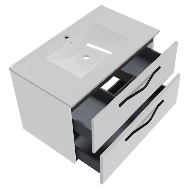Bild von Lomadox Badmöbel-Set PIHA-145, (Spar-Set, 2-St., Waschtisch LED-Spiegel), weiß Glanz 80cm Waschbeckenschrank Beleuchtung Keramik Waschbecken