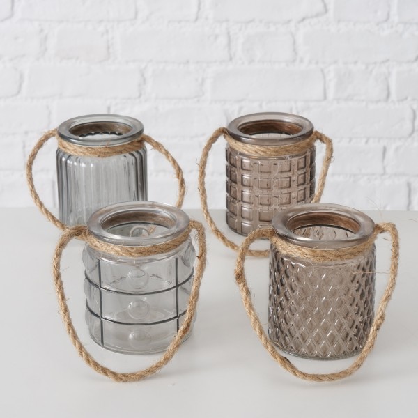 Bild von Windlicht Trax aus Glas mit Kordel - grau-beige mix, in 4 Designs erhältlich "mit Streifen"
