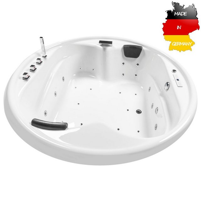Bild von Basera® Whirlpool-Badewanne CLASSIC Indoor Podest-Whirlpool Badewanne XXL Gomera Rund 182 x 182 cm, (Komplett-Set), mit 28 Massagedüsen, Wasserfall, LED, Touchpanel, Bluetooth und Radio