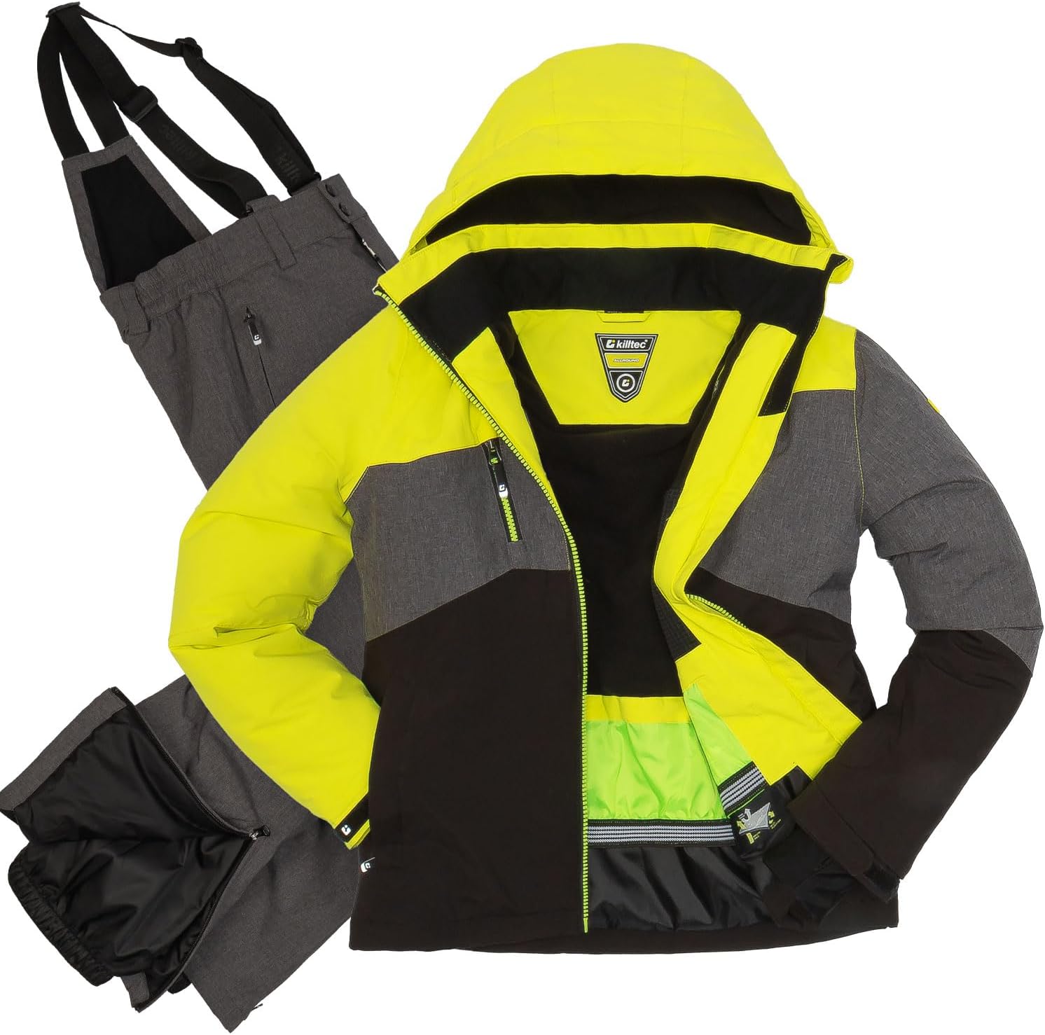 Bild von Killtec Jungen Skianzug Größe 152 wasserdicht 10.000 mm Wassersäule - Skijacke schwarz grau meliert limette, Skihose grau meliert