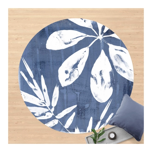 Bild von Runder Vinyl-Teppich Tropische Blätter Indigo I