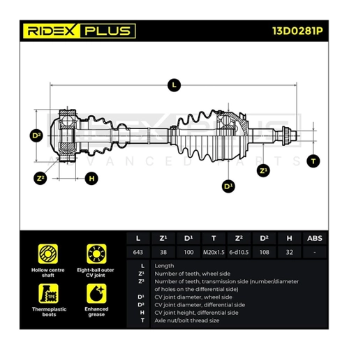 Bild von RIDEX PLUS Antriebswelle 13D0281P für VW Transporter und Multivan