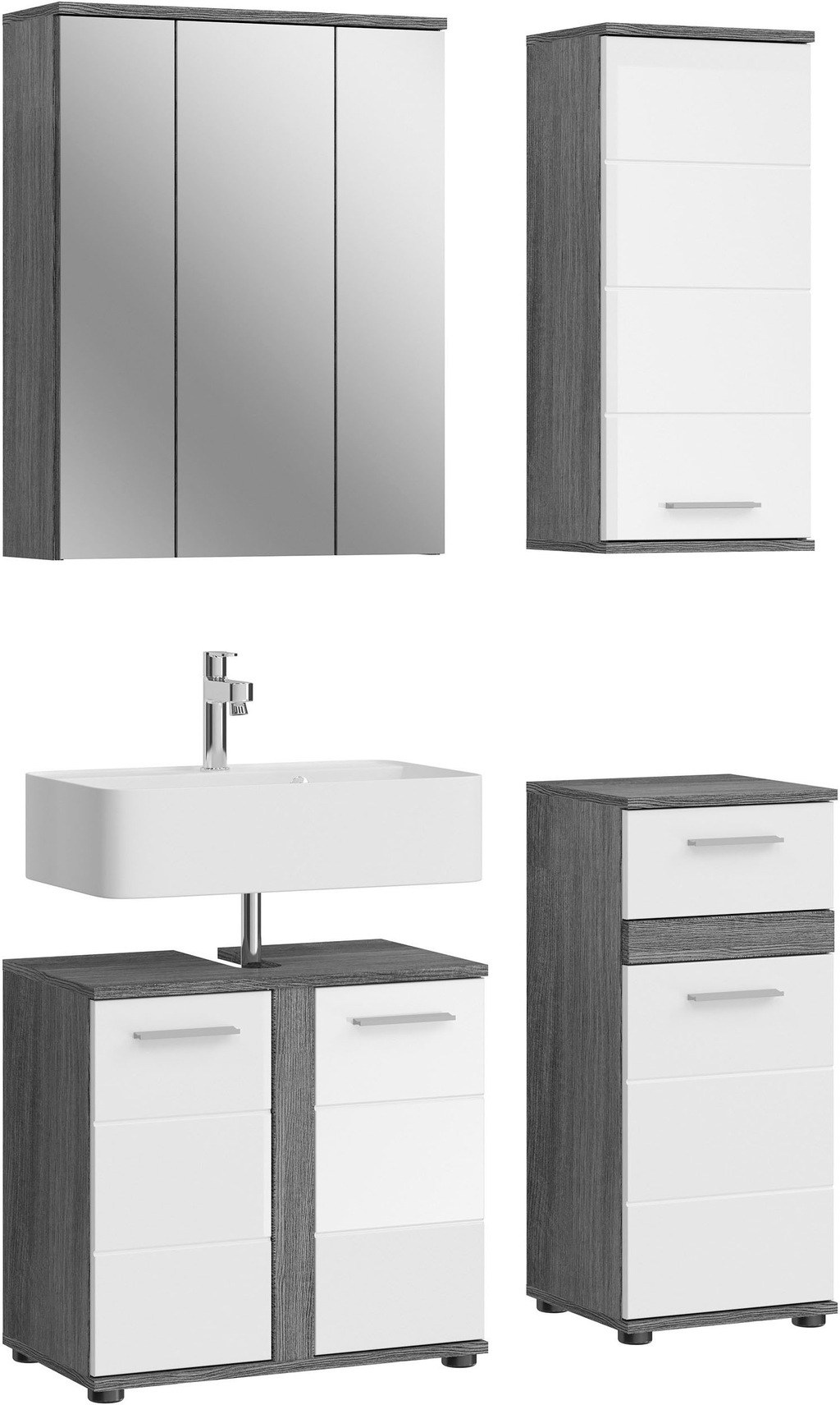 Bild von welltime Badmöbel-Set "Lucca, 4 teilig,inklusive MDF Hochglanzfront Front, bestehend aus:", (Set, 4 St.), Waschbeckenunterschrank, Spiegel, Unterschrank, Hängeschrank