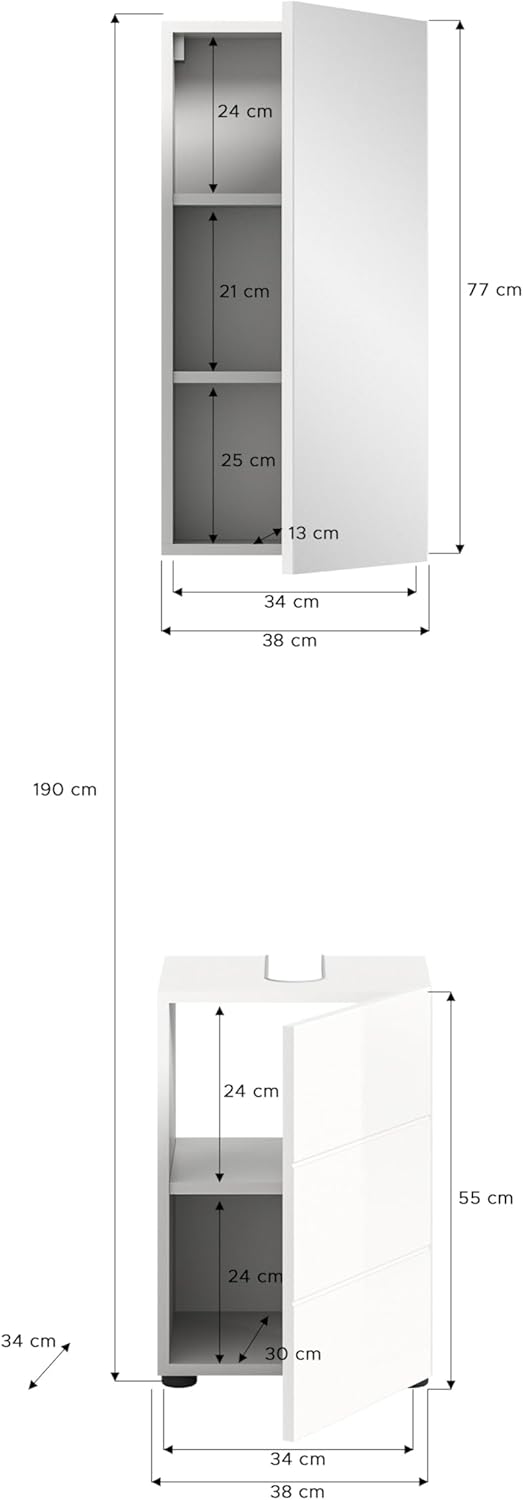 Bild von xonox.home Badezimmer Vira X2LA9B01 2tlg. Badezimmerkombination Set schmal in Front weiß Hochglanz Tiefzieh Korpus weiß Melamin
