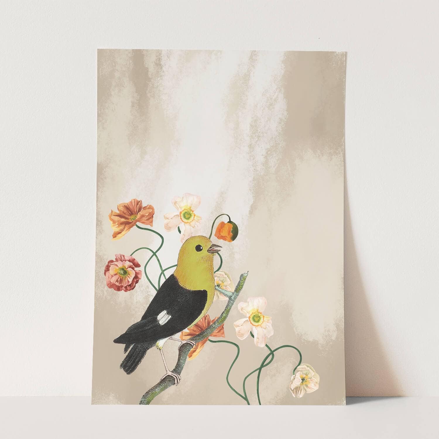 Bild von Vogel Motiv Singvogel Blumen einzigartiges Design Pastelltöne Farbe Motiv ohne Rahmen in A3