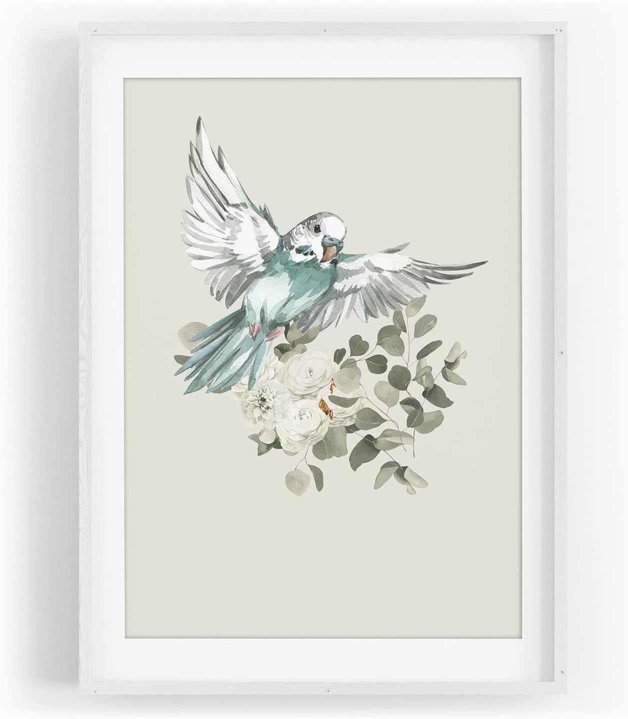 Bild von Vogel Motiv weißer Wellensittich Eukalyptus Pastelltöne Kunstvoll Farbe Motiv gerahmt Weiß in A3