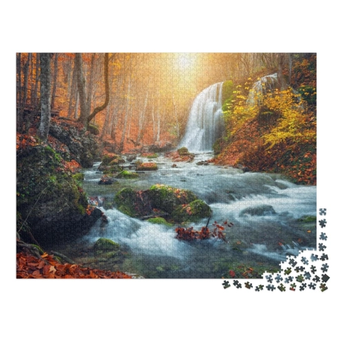 Bild von puzzleYOU Puzzle Wasserfall im Herbstwald – 100 Puzzleteile für Naturliebhaber