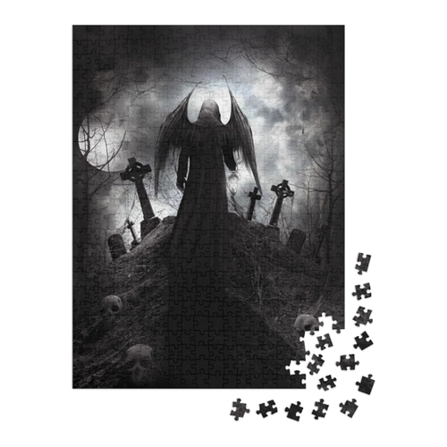 Bild von puzzleYOU: Puzzle 1000 Teile „Illustration: Gothic-Figur mit Grabsteinen und Totenköpfen“