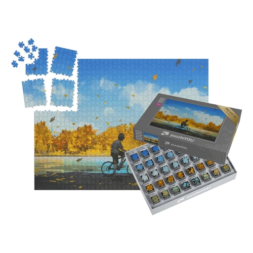 Bild von puzzleYOU Puzzle Junge auf einem Fahrrad mit Blick auf den Herbst, 48 Puzzleteile