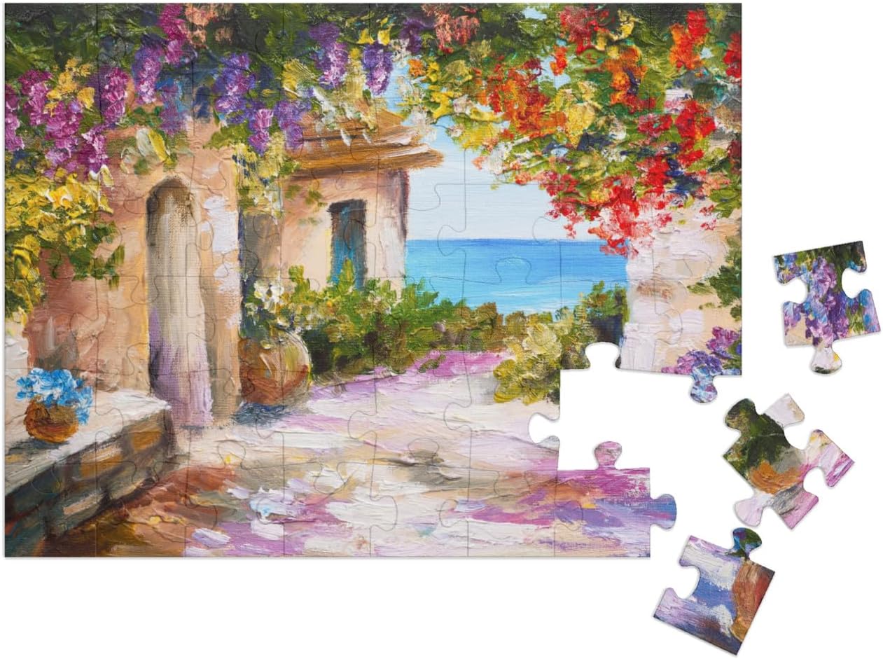 Bild von puzzleYOU Puzzle Ölgemälde: Haus am Meer mit bunten Blumen, 2000 Puzzleteile, puzzleYOU-Kollektionen Ölbilder