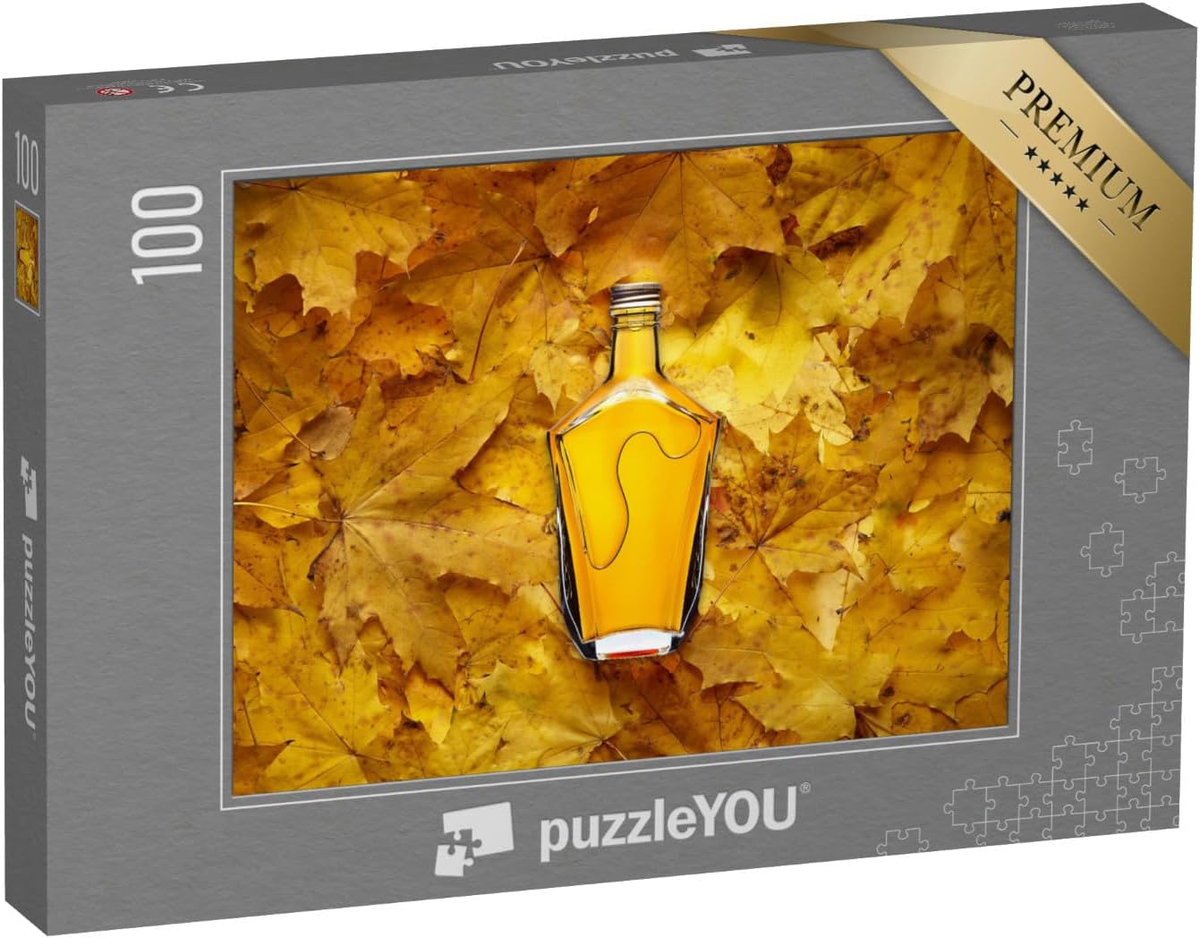 Bild von puzzleYOU Puzzle Weinbrandflasche auf gelben Ahornblättern, 100 Puzzleteile, puzzleYOU-Kollektionen Whisky