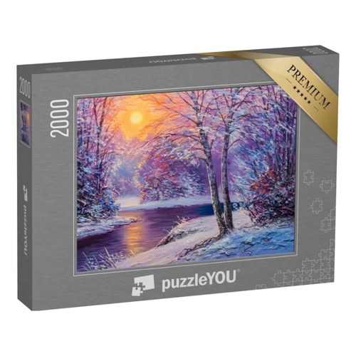 Bild von Puzzle 1000 Teile XXL „Ölgemälde: Fluss in abendlichem Winterwald“