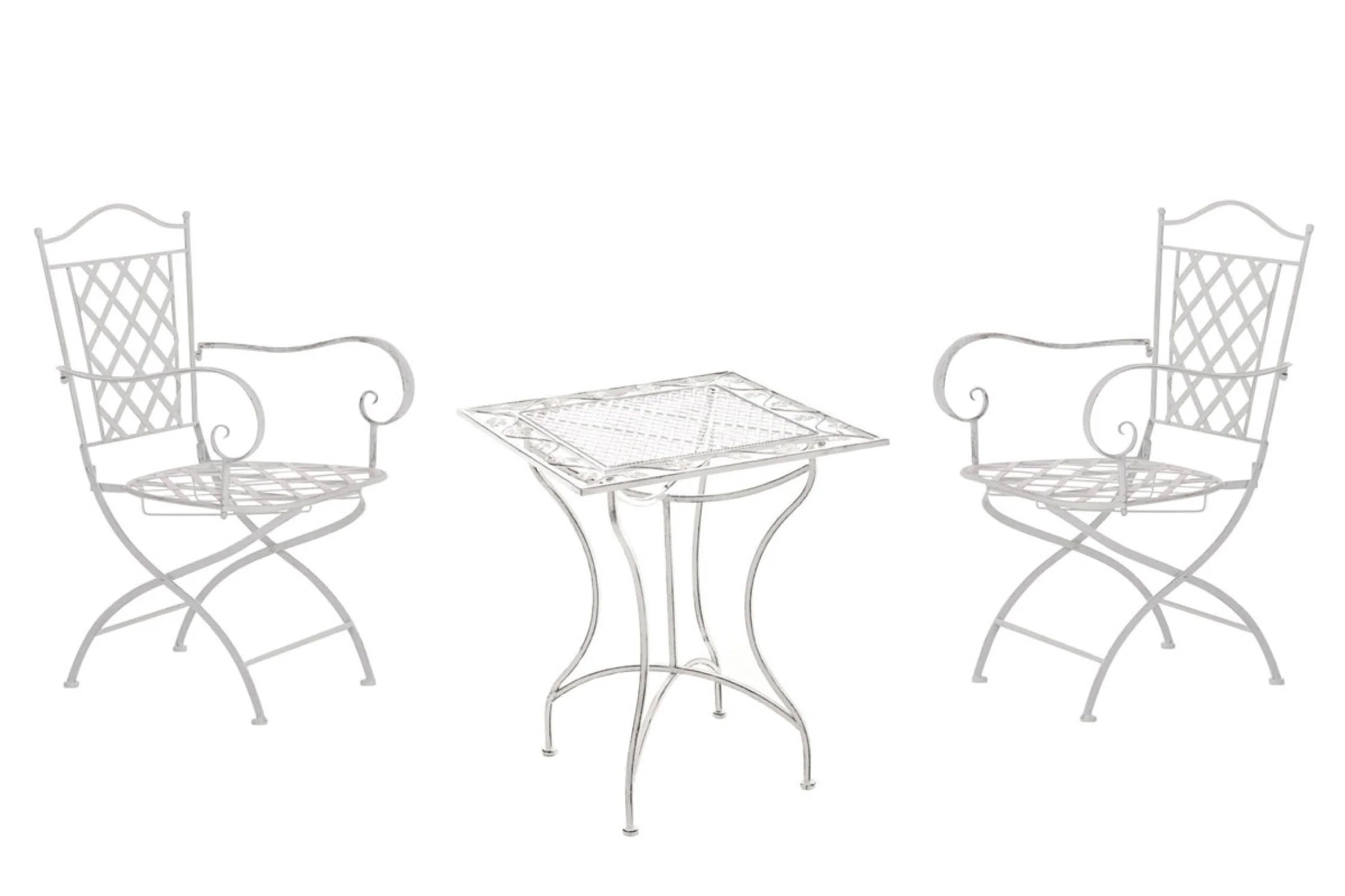 Bild von TPFGarden Garten-Essgruppe Pajak - Sitzgruppe für Garten, Balkon, Terrasse, (Gartenmöbel-Set - Bistro-Garnitur / Bistro-Set outdoor, 3-tlg., Gartenset aus handgefertigten Eisen - Farbe: antik weiß), Stuhl (HxB): 93 x 56 cm - 1 Tisch (LxBxH): 60 x 60 x 72cm