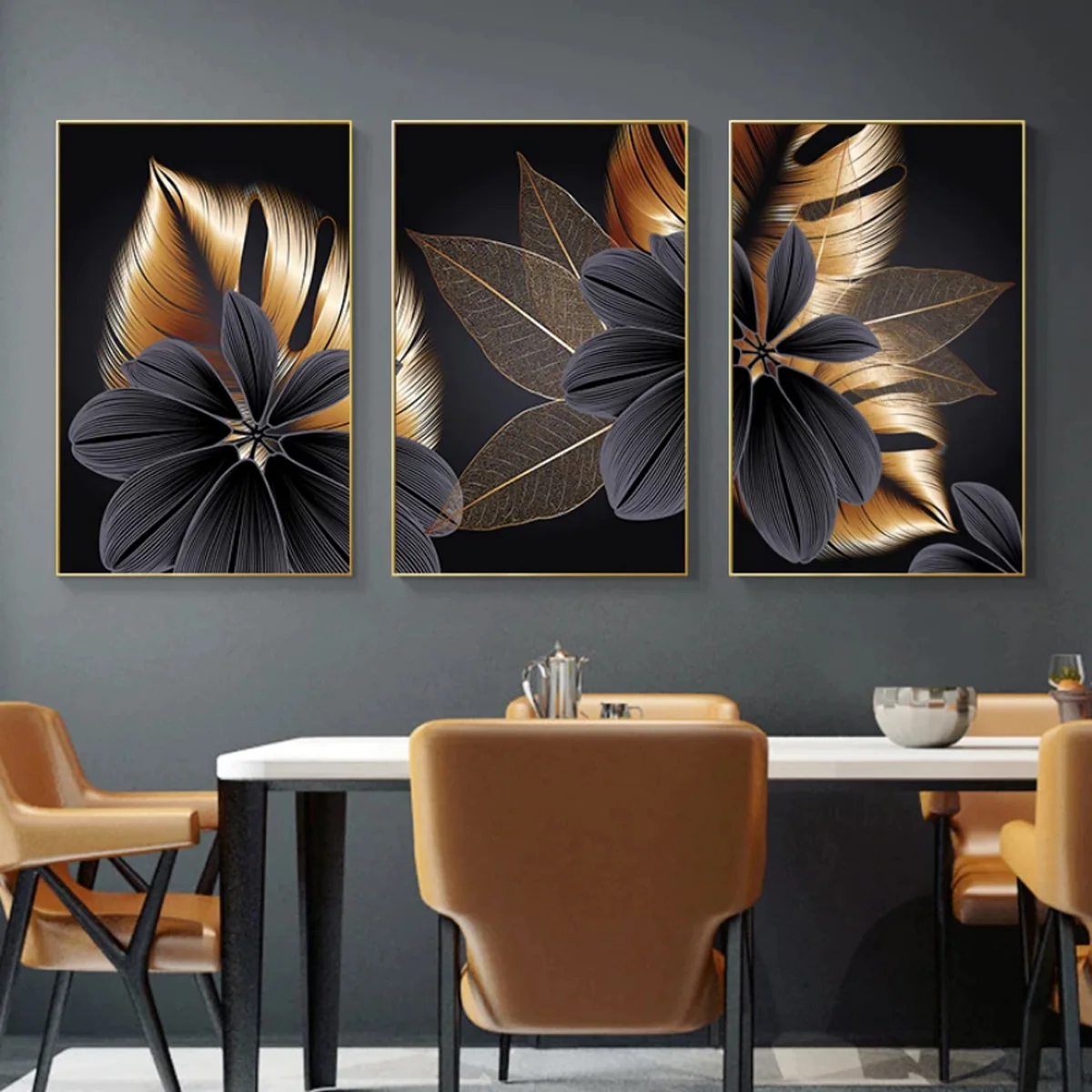 Bild von TPFLiving Luxus Poster Leinwand / Goldene und schwarze Blätter / 3 Motive in 17 verschiedene Größen - OHNE Rahmen - Modell TPFL-LW-31-M3PCS Set - 21x30cm