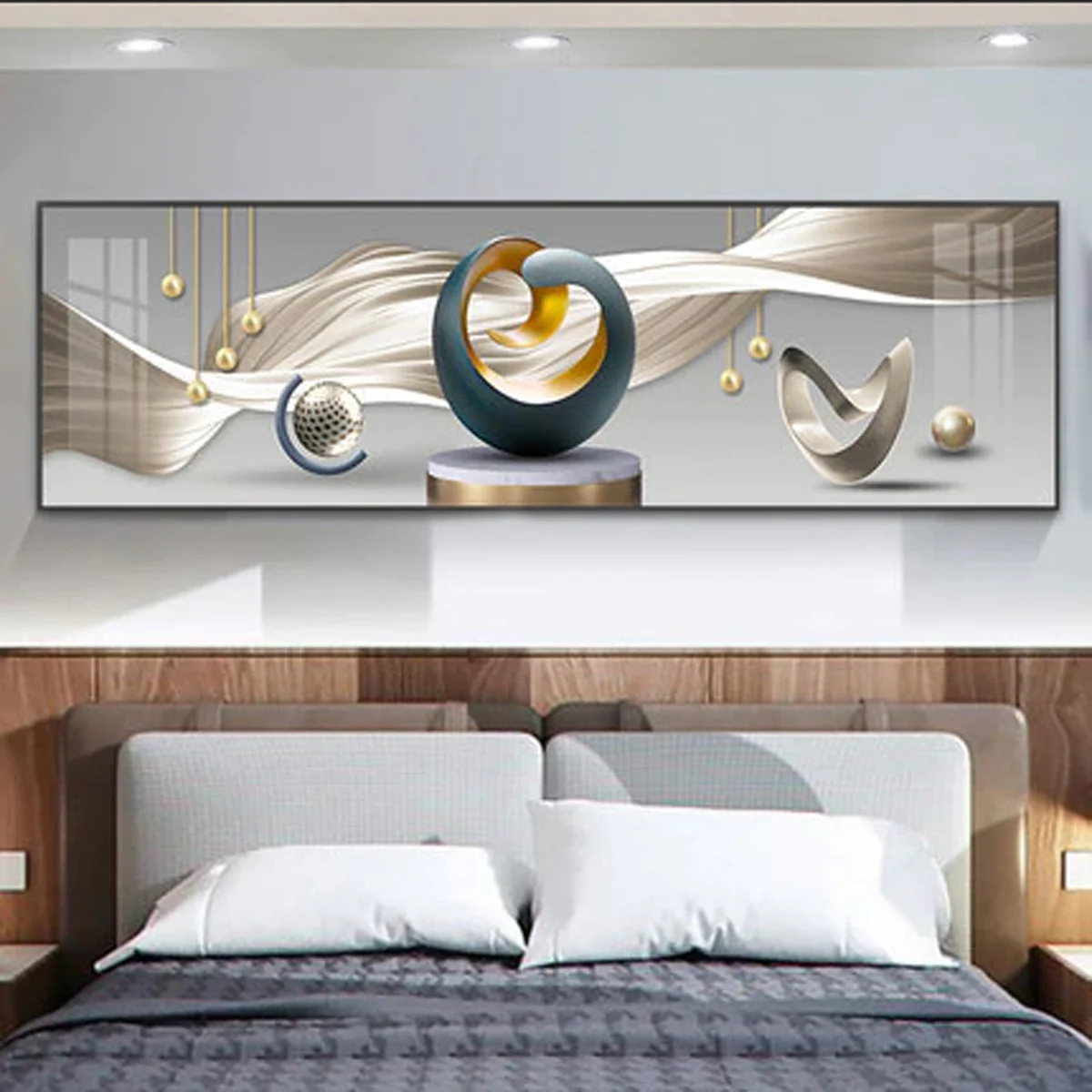 Bild von TPFLiving XXL Riesen Luxus Poster Leinwand / Abstrakte Linien und Formen in Weis, Blau, Grau, Silber, Gold / 24 Motive in 6 verschiedenen Größen - OHNE Rahmen - Modell TPFL-LW-301-MJ - 30x120cm